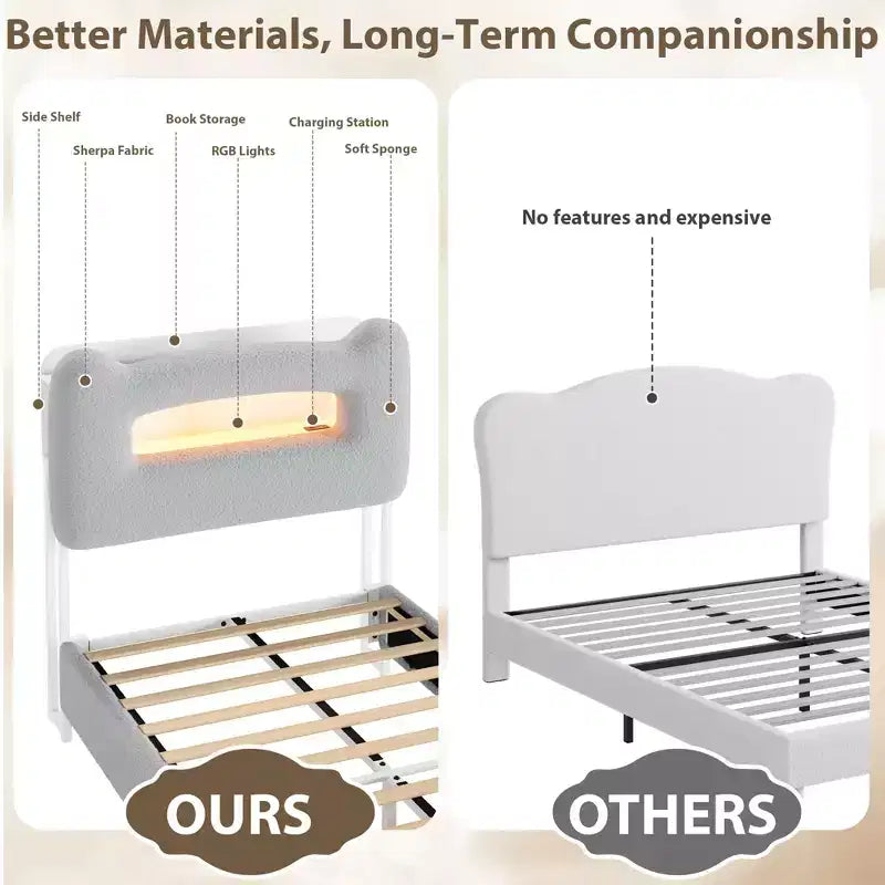 Base de Cama Doble Tapizada con Cabecero de Almacenamiento de 2 Niveles, Cama de Plataforma LED con Estación de Carga y Cajón para Niños/Niñas, No Necesita Somier