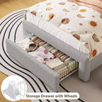 Base de Cama Doble Tapizada con Cabecero de Almacenamiento de 2 Niveles, Cama de Plataforma LED con Estación de Carga y Cajón para Niños/Niñas, No Necesita Somier