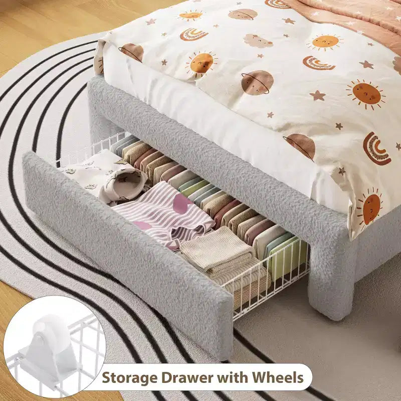 Base de Cama Doble Tapizada con Cabecero de Almacenamiento de 2 Niveles, Cama de Plataforma LED con Estación de Carga y Cajón para Niños/Niñas, No Necesita Somier