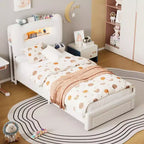 Base de Cama Doble Tapizada con Cabecero de Almacenamiento de 2 Niveles, Cama de Plataforma LED con Estación de Carga y Cajón para Niños/Niñas, No Necesita Somier
