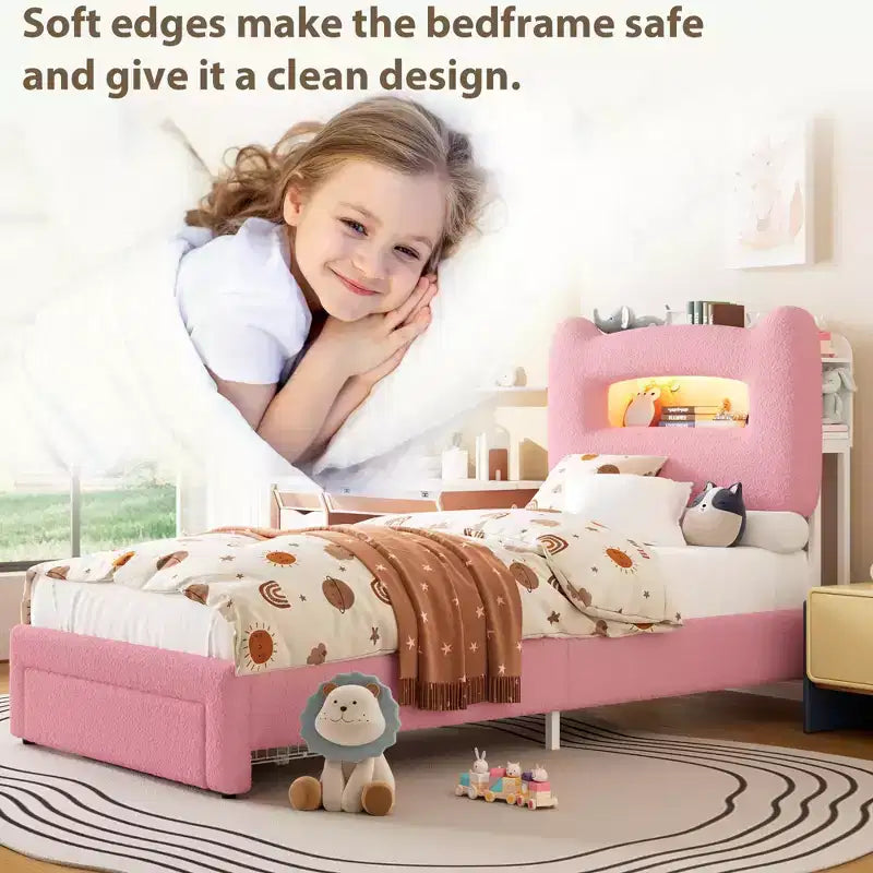 Base de Cama Doble Tapizada con Cabecero de Almacenamiento de 2 Niveles, Cama de Plataforma LED con Estación de Carga y Cajón para Niños/Niñas, No Necesita Somier