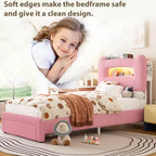Base de Cama Doble Tapizada con Cabecero de Almacenamiento de 2 Niveles, Cama de Plataforma LED con Estación de Carga y Cajón para Niños/Niñas, No Necesita Somier