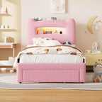 Base de Cama Doble Tapizada con Cabecero de Almacenamiento de 2 Niveles, Cama de Plataforma LED con Estación de Carga y Cajón para Niños/Niñas, No Necesita Somier