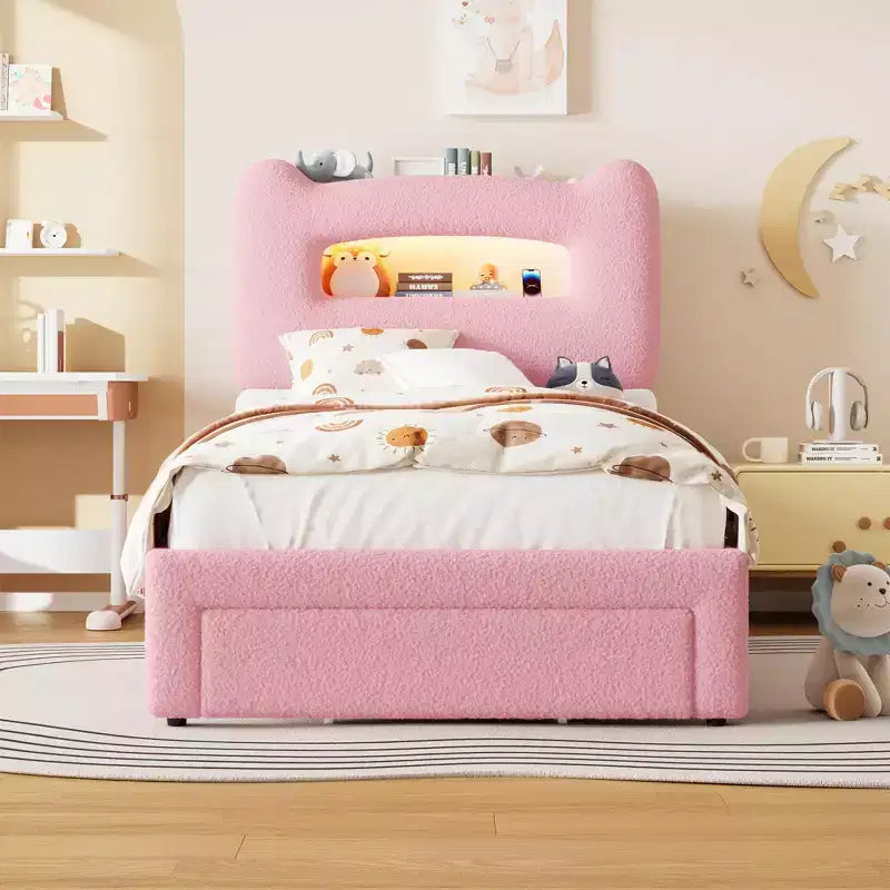 Base de Cama Doble Tapizada con Cabecero de Almacenamiento de 2 Niveles, Cama de Plataforma LED con Estación de Carga y Cajón para Niños/Niñas, No Necesita Somier