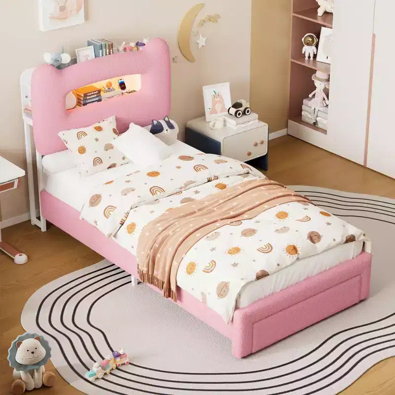 Base de Cama Doble Tapizada con Cabecero de Almacenamiento de 2 Niveles, Cama de Plataforma LED con Estación de Carga y Cajón para Niños/Niñas, No Necesita Somier