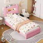 Base de Cama Doble Tapizada con Cabecero de Almacenamiento de 2 Niveles, Cama de Plataforma LED con Estación de Carga y Cajón para Niños/Niñas, No Necesita Somier