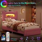 Base de Cama Doble Tapizada con Cabecero de Almacenamiento de 2 Niveles, Cama de Plataforma LED con Estación de Carga y Cajón para Niños/Niñas, No Necesita Somier