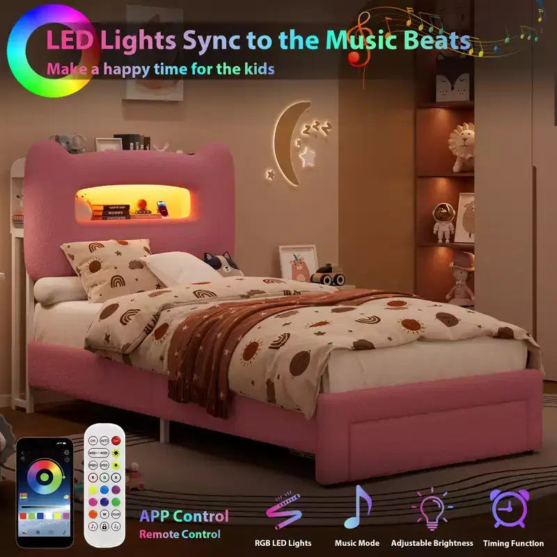 Base de Cama Doble Tapizada con Cabecero de Almacenamiento de 2 Niveles, Cama de Plataforma LED con Estación de Carga y Cajón para Niños/Niñas, No Necesita Somier