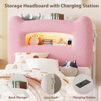 Base de Cama Doble Tapizada con Cabecero de Almacenamiento de 2 Niveles, Cama de Plataforma LED con Estación de Carga y Cajón para Niños/Niñas, No Necesita Somier