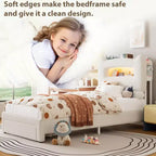 Base de Cama Doble Tapizada con Cabecero de Almacenamiento de 2 Niveles, Cama de Plataforma LED con Estación de Carga y Cajón para Niños/Niñas, No Necesita Somier