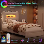 Base de Cama Doble Tapizada con Cabecero de Almacenamiento de 2 Niveles, Cama de Plataforma LED con Estación de Carga y Cajón para Niños/Niñas, No Necesita Somier