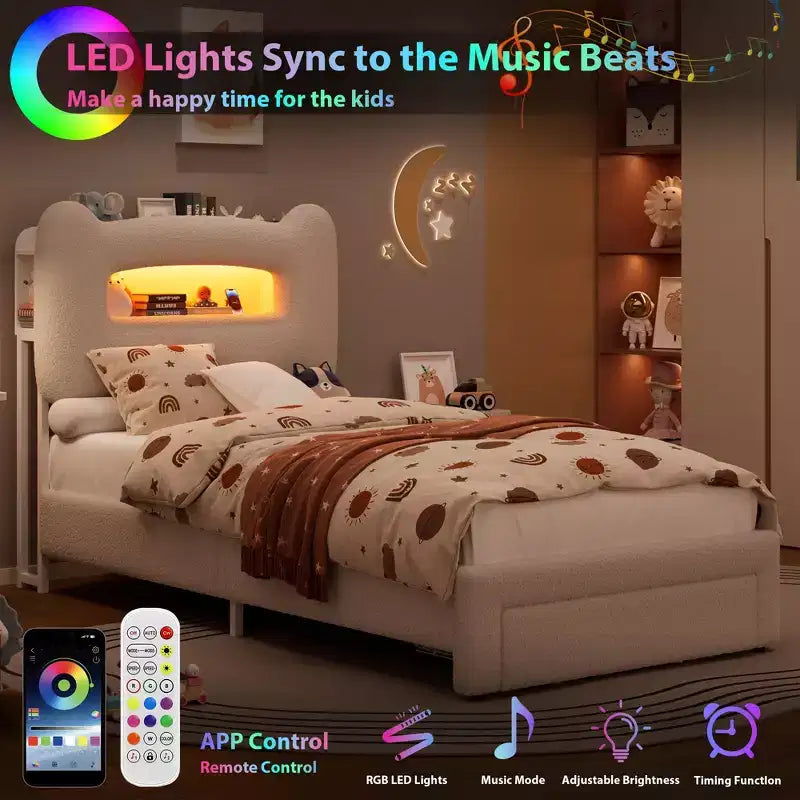 Base de Cama Doble Tapizada con Cabecero de Almacenamiento de 2 Niveles, Cama de Plataforma LED con Estación de Carga y Cajón para Niños/Niñas, No Necesita Somier