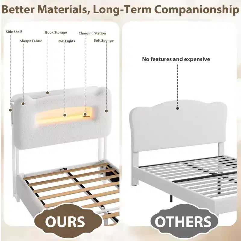 Base de Cama Doble Tapizada con Cabecero de Almacenamiento de 2 Niveles, Cama de Plataforma LED con Estación de Carga y Cajón para Niños/Niñas, No Necesita Somier