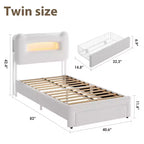Base de Cama Doble Tapizada con Cabecero de Almacenamiento de 2 Niveles, Cama de Plataforma LED con Estación de Carga y Cajón para Niños/Niñas, No Necesita Somier