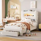 Upholstered Twin Bed Frame with 2-Tier Storage Headboard, LED Platform Bed with Charging Station and Drawer for Kids/Girls/Boys, No Box Spring Needed
