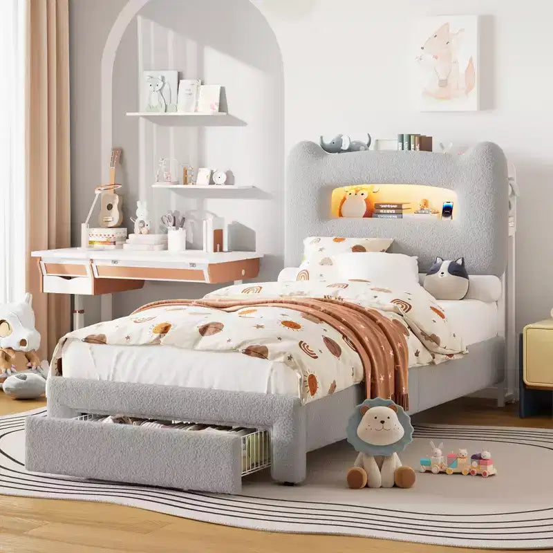 Base de Cama Doble Tapizada con Cabecero de Almacenamiento de 2 Niveles, Cama de Plataforma LED con Estación de Carga y Cajón para Niños/Niñas, No Necesita Somier