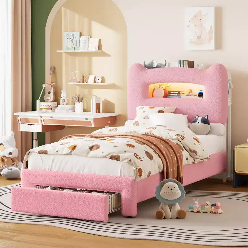 Base de Cama Doble Tapizada con Cabecero de Almacenamiento de 2 Niveles, Cama de Plataforma LED con Estación de Carga y Cajón para Niños/Niñas, No Necesita Somier