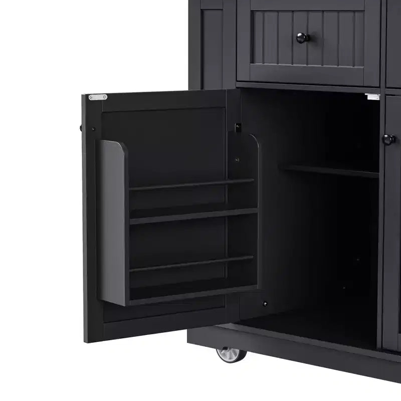 Isla de cocina de 48" con tablero abatible, toma de corriente, estante de almacenamiento interno, 2 cajones, carro con ruedas con 5 ruedas y 5 estantes laterales abiertos