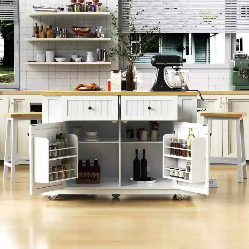 Isla de cocina de 48" con tablero abatible, toma de corriente, estante de almacenamiento interno, 2 cajones, carro con ruedas con 5 ruedas y 5 estantes laterales abiertos
