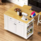 Isla de cocina de 48" con tablero abatible, toma de corriente, estante de almacenamiento interno, 2 cajones, carro con ruedas con 5 ruedas y 5 estantes laterales abiertos