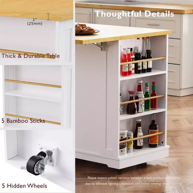 Isla de cocina de 48" con tablero abatible, toma de corriente, estante de almacenamiento interno, 2 cajones, carro con ruedas con 5 ruedas y 5 estantes laterales abiertos