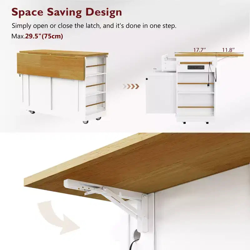 Isla de cocina de 48" con tablero abatible, toma de corriente, estante de almacenamiento interno, 2 cajones, carro con ruedas con 5 ruedas y 5 estantes laterales abiertos