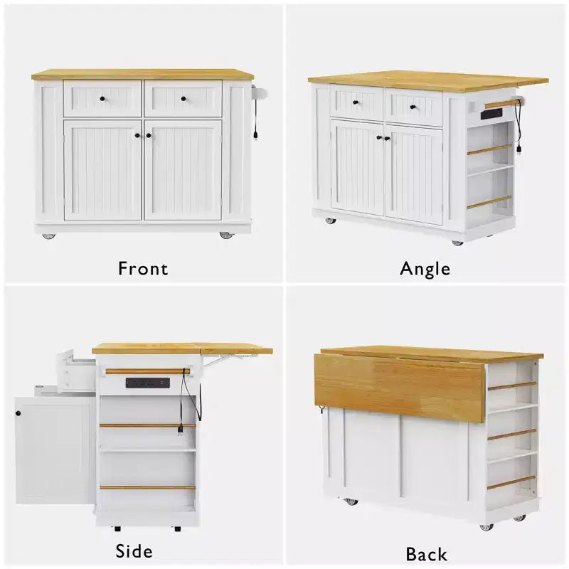 Isla de cocina de 48" con tablero abatible, toma de corriente, estante de almacenamiento interno, 2 cajones, carro con ruedas con 5 ruedas y 5 estantes laterales abiertos