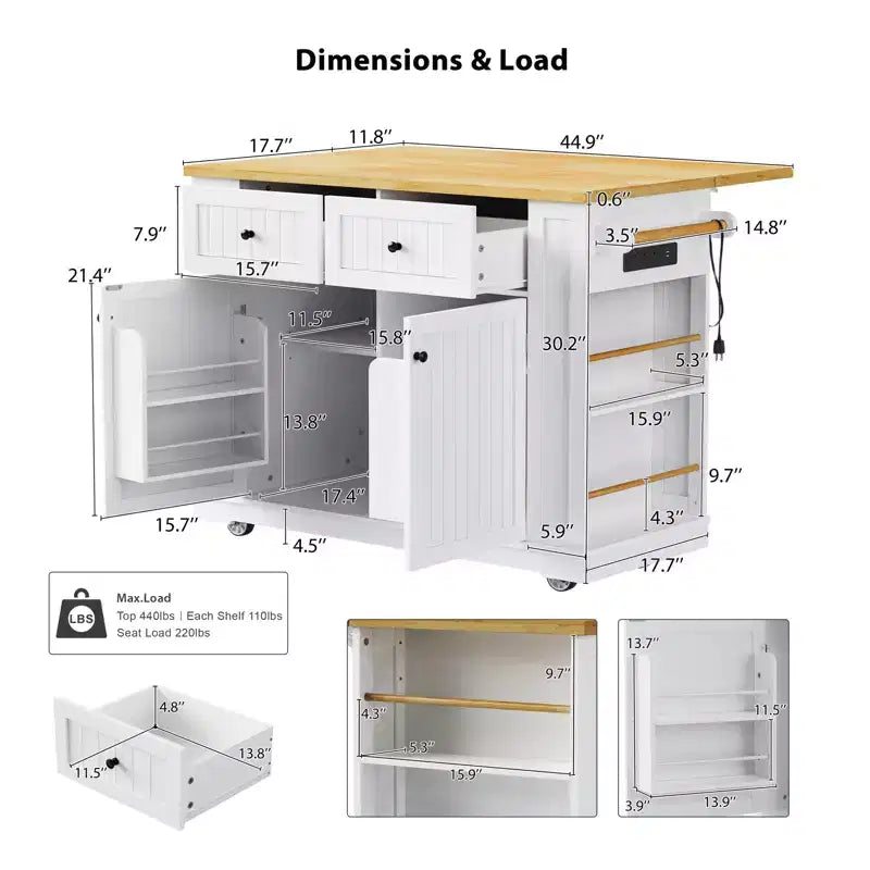 Isla de cocina de 48" con tablero abatible, toma de corriente, estante de almacenamiento interno, 2 cajones, carro con ruedas con 5 ruedas y 5 estantes laterales abiertos