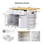 Isla de cocina de 48" con tablero abatible, toma de corriente, estante de almacenamiento interno, 2 cajones, carro con ruedas con 5 ruedas y 5 estantes laterales abiertos