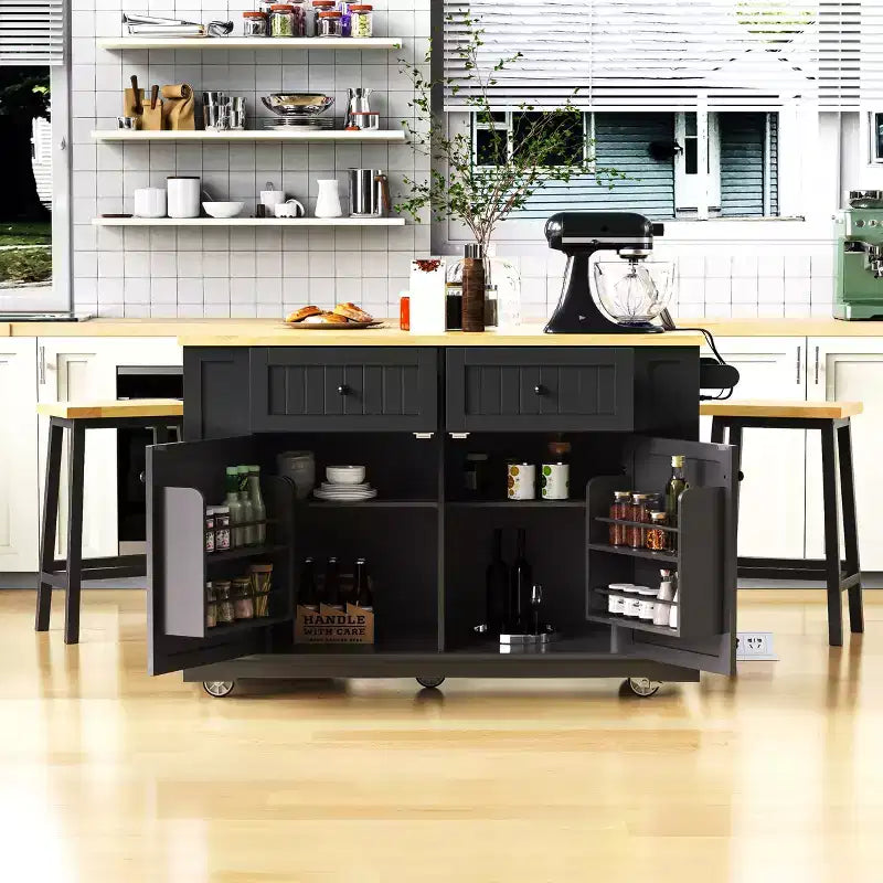 Isla de cocina de 48" con tablero abatible, toma de corriente, estante de almacenamiento interno, 2 cajones, carro con ruedas con 5 ruedas y 5 estantes laterales abiertos
