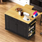 Isla de cocina de 48" con tablero abatible, toma de corriente, estante de almacenamiento interno, 2 cajones, carro con ruedas con 5 ruedas y 5 estantes laterales abiertos
