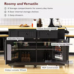 Isla de cocina de 48" con tablero abatible, toma de corriente, estante de almacenamiento interno, 2 cajones, carro con ruedas con 5 ruedas y 5 estantes laterales abiertos
