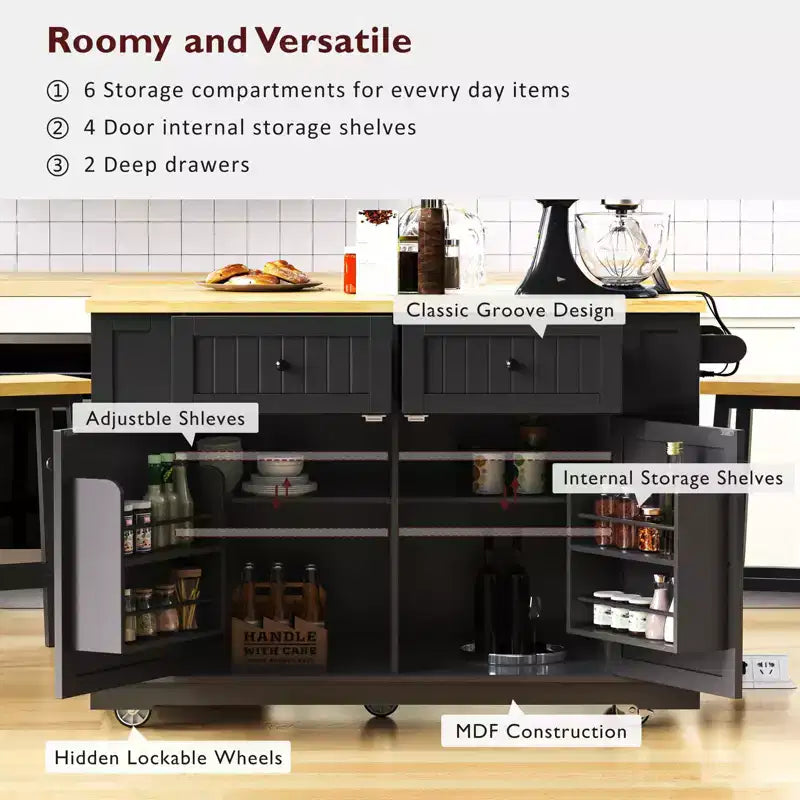 Isla de cocina de 48" con tablero abatible, toma de corriente, estante de almacenamiento interno, 2 cajones, carro con ruedas con 5 ruedas y 5 estantes laterales abiertos