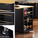 Isla de cocina de 48" con tablero abatible, toma de corriente, estante de almacenamiento interno, 2 cajones, carro con ruedas con 5 ruedas y 5 estantes laterales abiertos