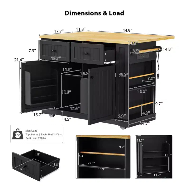 Isla de cocina de 48" con tablero abatible, toma de corriente, estante de almacenamiento interno, 2 cajones, carro con ruedas con 5 ruedas y 5 estantes laterales abiertos