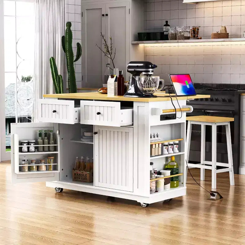 Isla de cocina de 48" con tablero abatible, toma de corriente, estante de almacenamiento interno, 2 cajones, carro con ruedas con 5 ruedas y 5 estantes laterales abiertos