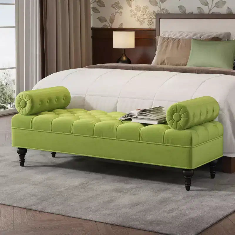 Banco tapizado moderno de terciopelo con capitoné y 2 almohadas desmontables, 152 cm de ancho