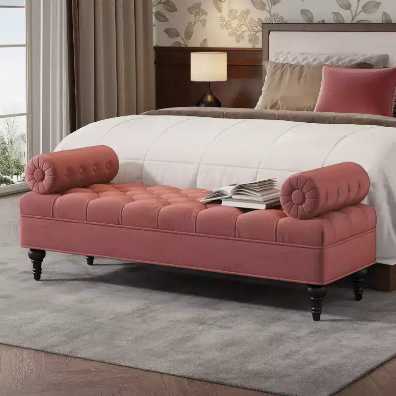 Banco tapizado moderno de terciopelo con capitoné y 2 almohadas desmontables, 152 cm de ancho