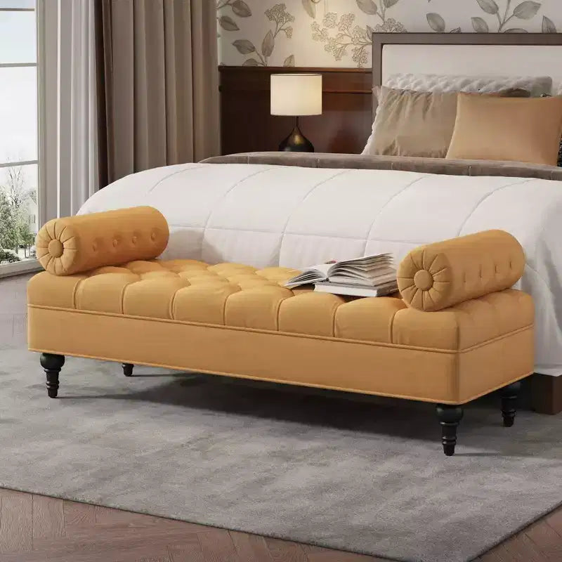 Banco tapizado moderno de terciopelo con capitoné y 2 almohadas desmontables, 152 cm de ancho