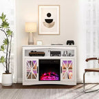 Mueble para TV de estilo rústico con chimenea eléctrica de 18 pulgadas, consola de TV de 47 pulgadas con puertas de vidrio y luces LED, centro de entretenimiento con estantes