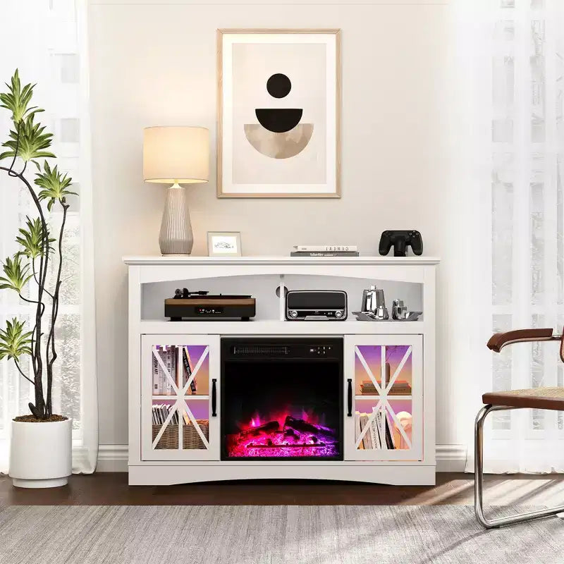 Mueble para TV de estilo rústico con chimenea eléctrica de 18 pulgadas, consola de TV de 47 pulgadas con puertas de vidrio y luces LED, centro de entretenimiento con estantes