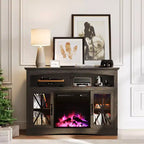 Mueble para TV de estilo rústico con chimenea eléctrica de 18 pulgadas, consola de TV de 47 pulgadas con puertas de vidrio y luces LED, centro de entretenimiento con estantes