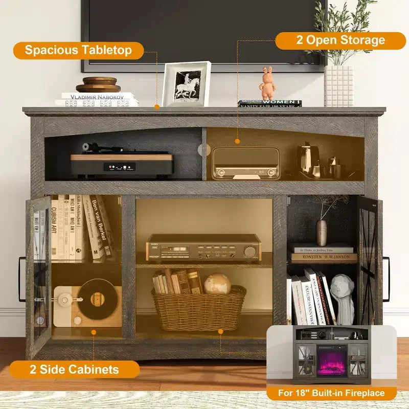 Mueble para TV de estilo rústico con chimenea eléctrica de 18 pulgadas, consola de TV de 47 pulgadas con puertas de vidrio y luces LED, centro de entretenimiento con estantes