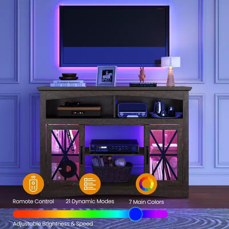 Mueble para TV de estilo rústico con chimenea eléctrica de 18 pulgadas, consola de TV de 47 pulgadas con puertas de vidrio y luces LED, centro de entretenimiento con estantes