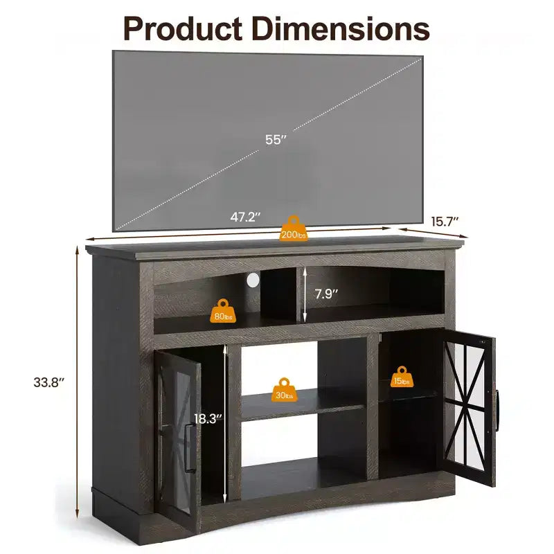 Mueble para TV de estilo rústico con chimenea eléctrica de 18 pulgadas, consola de TV de 47 pulgadas con puertas de vidrio y luces LED, centro de entretenimiento con estantes