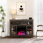 Heynemo Farmhouse TV Stand with 18'' Fireplace Insert, 47'' TV Console with Glass Doors & LED Lights, Media Entertainment Center with Shelves