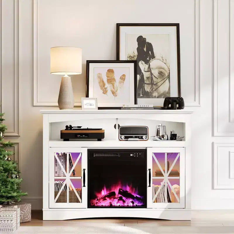 Mueble para TV de estilo rústico con chimenea eléctrica de 18 pulgadas, consola de TV de 47 pulgadas con puertas de vidrio y luces LED, centro de entretenimiento con estantes