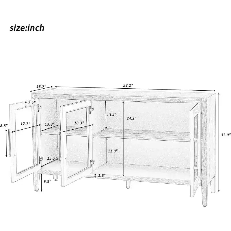 Mueble de almacenamiento de madera con estante ajustable y 3 puertas de cristal, mesa consola para sala de estar, entrada, cocina, gris