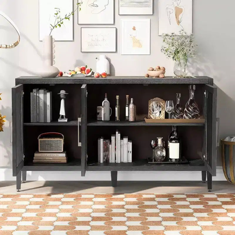 Mueble de almacenamiento de madera con estante ajustable y 3 puertas de cristal, mesa consola para sala de estar, entrada, cocina, gris