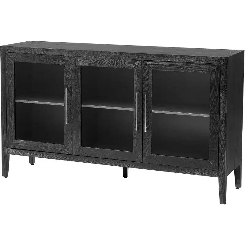 Mueble de almacenamiento de madera con estante ajustable y 3 puertas de cristal, mesa consola para sala de estar, entrada, cocina, gris